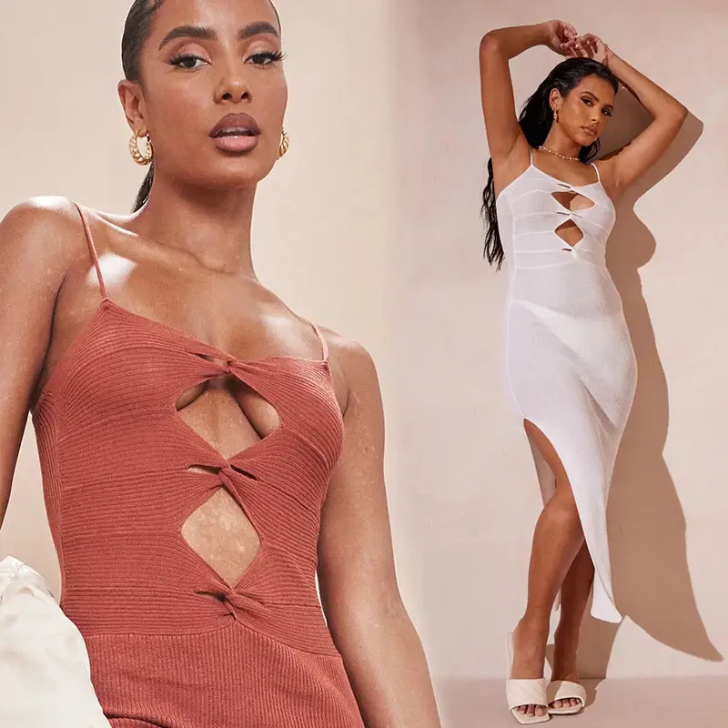 Hot Long Sleeveless Elegant Maxi Dress Women Long Dress Twist Front Knit Sweater Dresses