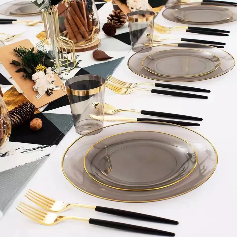 PS Hard Plastic Luxury Tableware Disposable Smoked Transparent Gold Stamping Dining Plate For Hotels Restaurants Party