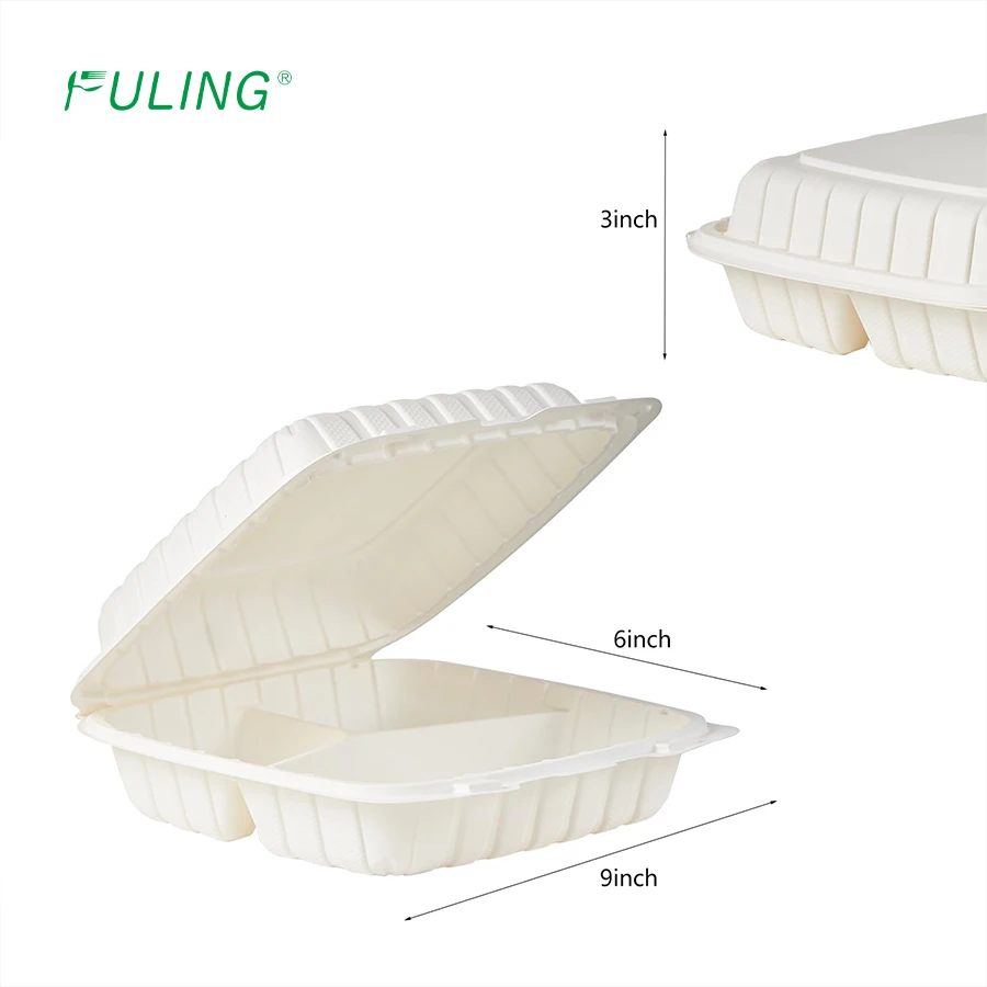 FULING Restaurant 9x9 inch 3 compartment MFPP Hinged Container r Disposable Eco Friendly Clamshell Takeout Food Container