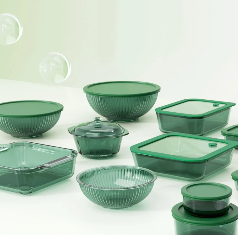 IKOO new design green glass food container set glass baking dish glass salad bowl set with lid