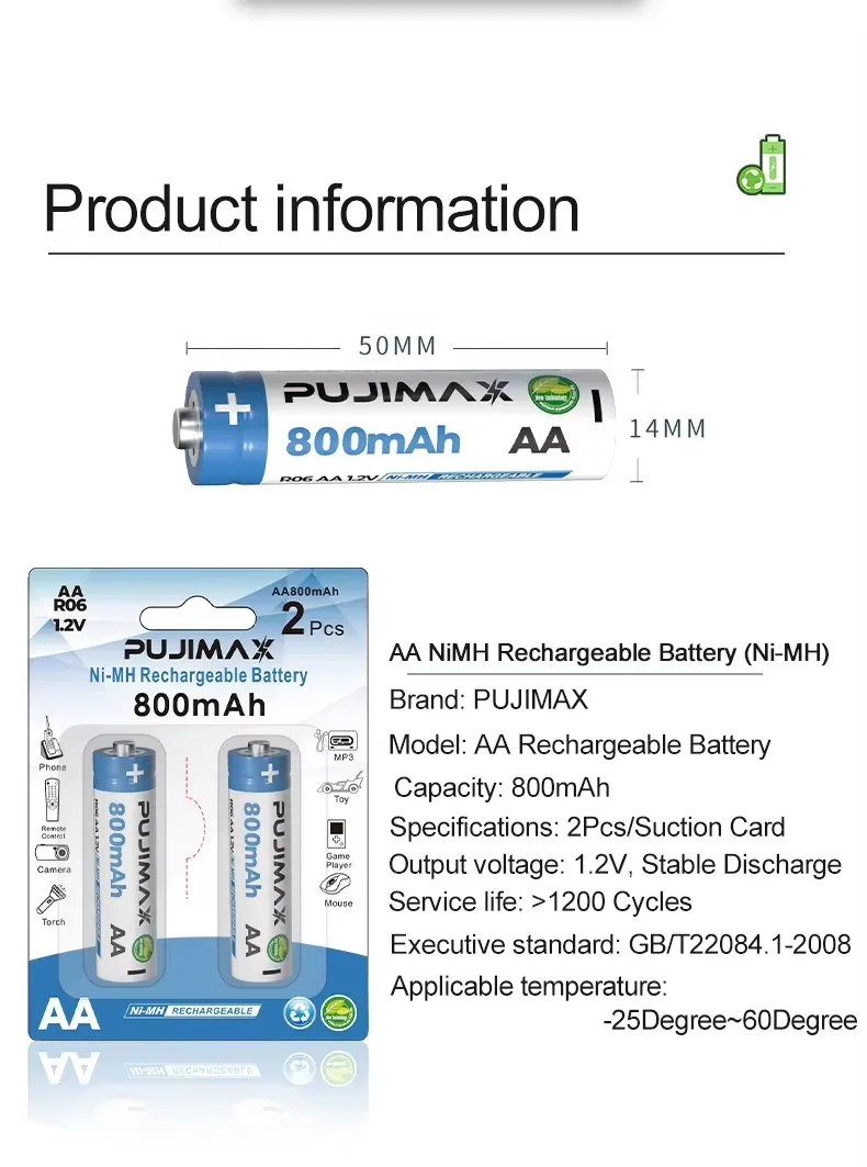 PUJIMAX High Capacity 10Pcs AA 800mAh Rechargeable Battery Pack 1.2V Nimh AA Battery For Power Tool Remote Control