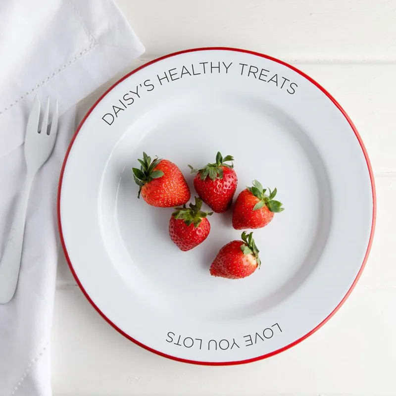 Wholesale round camping enamel metal dinner salad plates with red flower printing