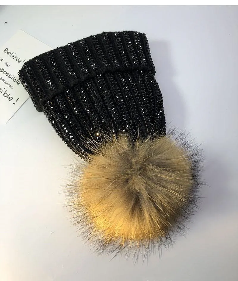 Winter Women Knitted Beanie Hat Real Raccoon Fur Pompom all diamond Hat for Female Warm Chunky Thick Stretchy Hat