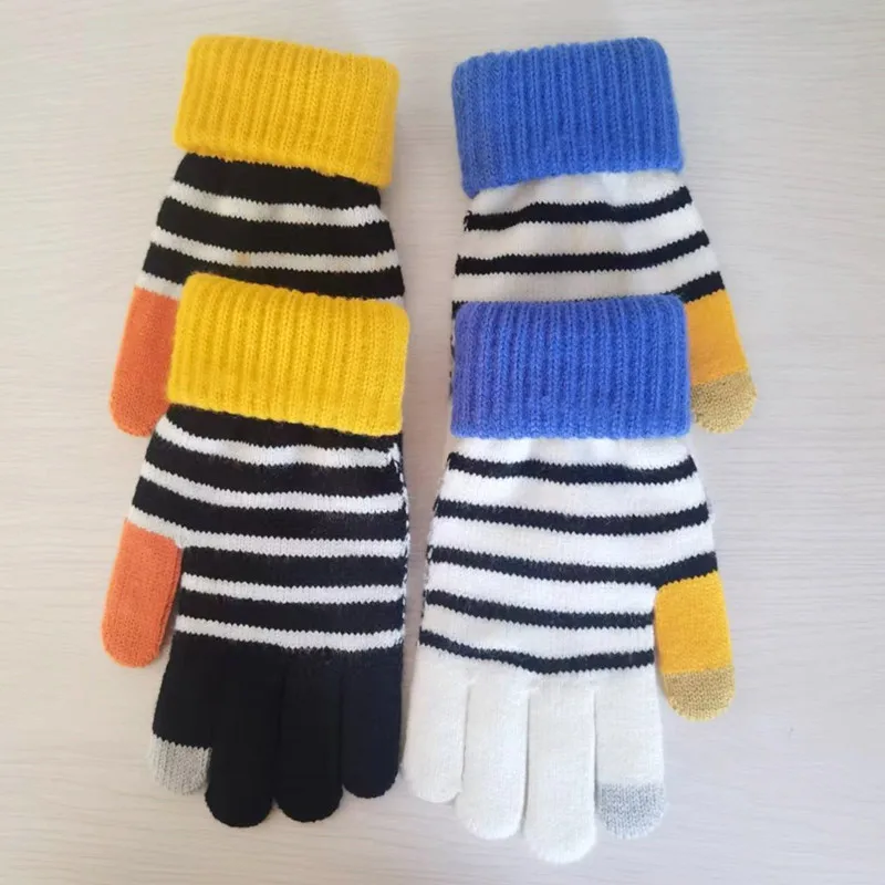 Зимние перчатки мужские и женские двухслойные плотные Полосатые Шерстяные перчатки с ворсом