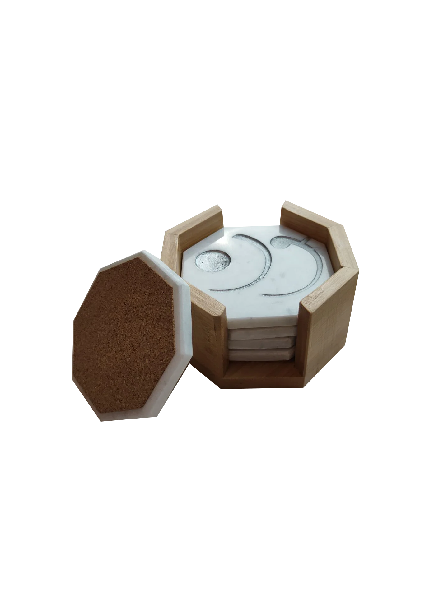 Factory Sale White Sculpture Octangle Marble Coaster Set With Wood