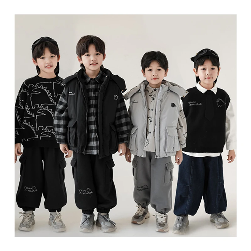 YOEHYAUL Thickened Children Winter Set For Kids Hooded Cotton Vest Outer Wear New Kids Clothing Sets For Boys