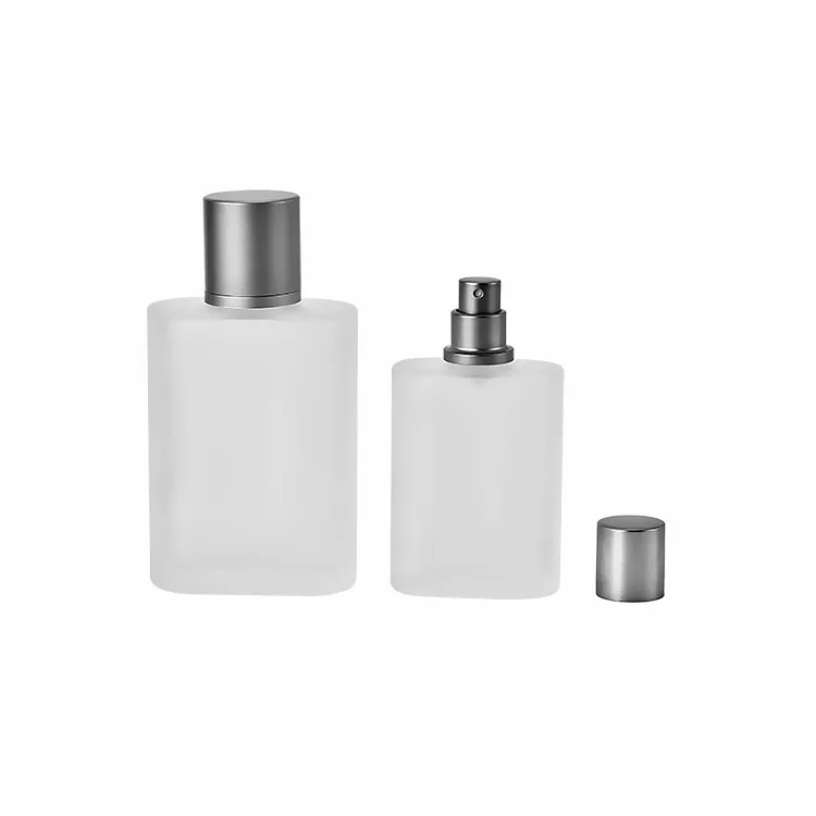 Нестандартная конструкция 30/50/100 мл матовое парфюмная стеклянная бутылка-спрей с матовое серебро насос распылитель с колпачком