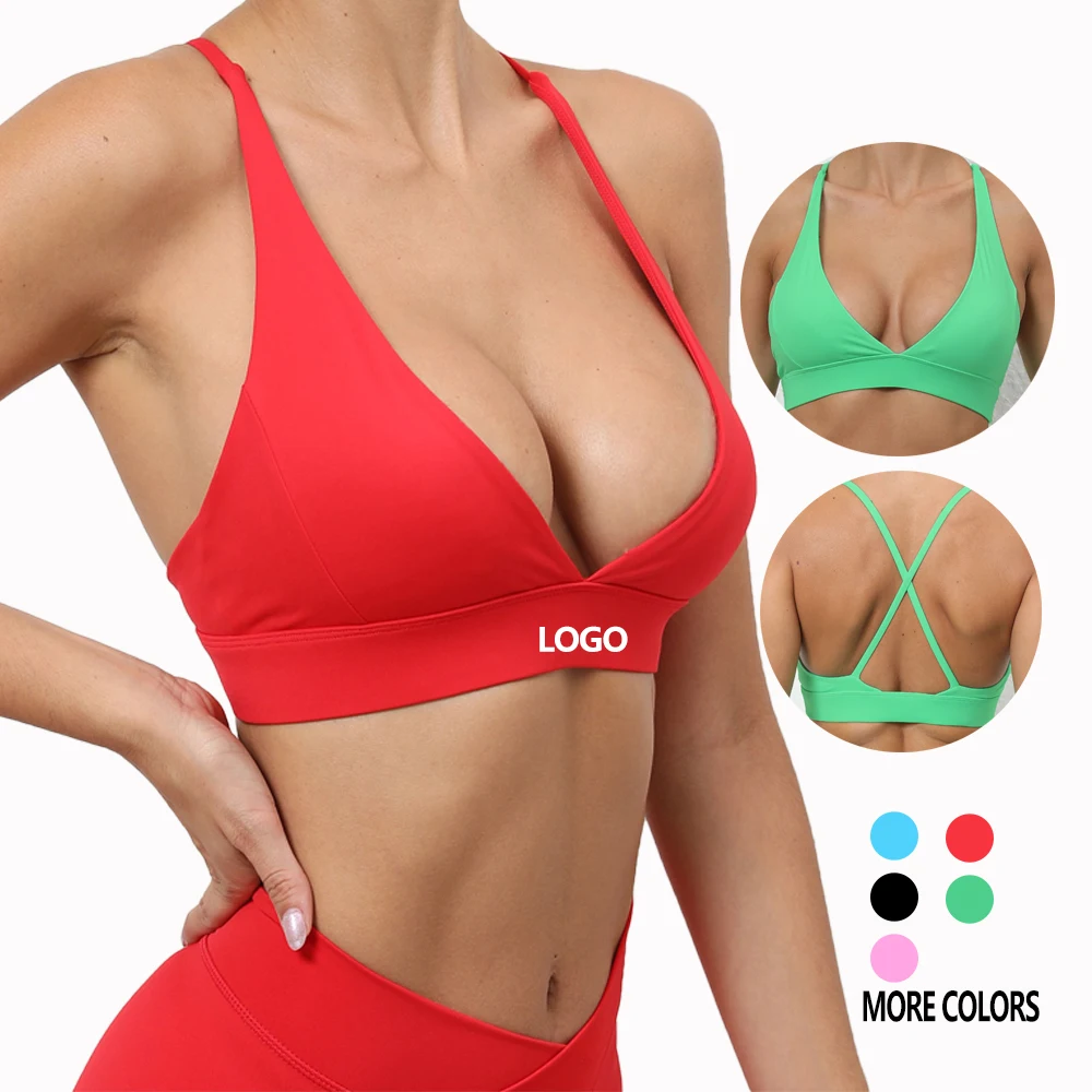 High Quality Custom LOGO V Cut Open Back Sexy Cross Design High Support Yoga Fitness Sports Bra Running Active Clothing