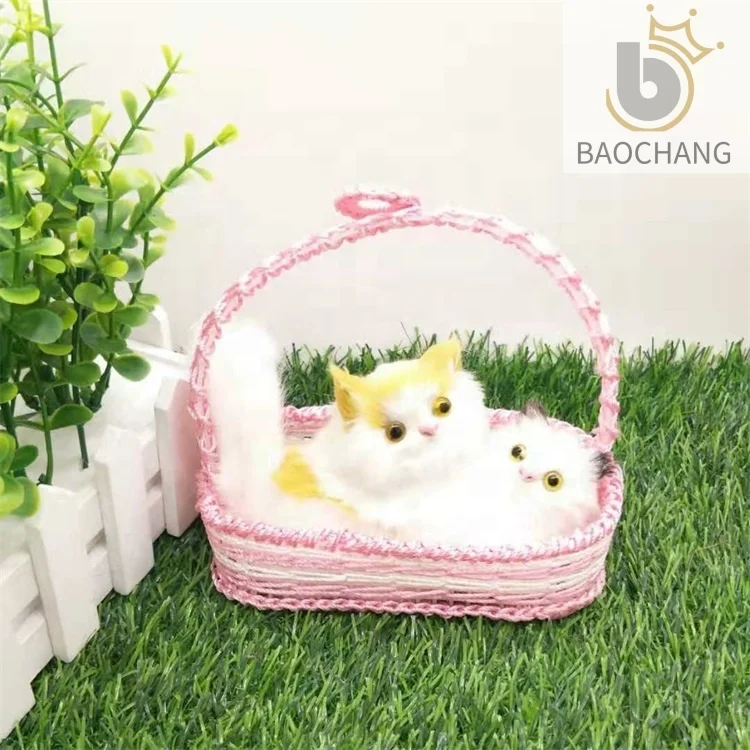 High quality plush animal plush cat in plastic Basket  with sound for  holiday Gifts Home Decoration
