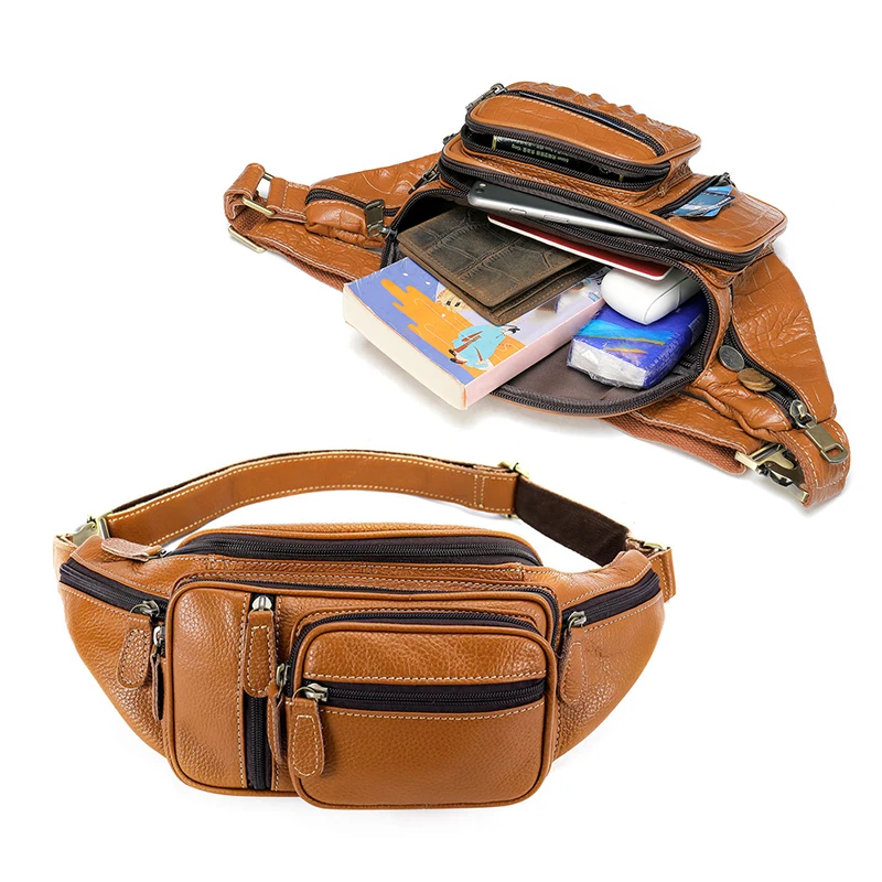 Custom Genuine Leather Large Fanny Pack Crossbody Sling Backpack Waterproof Hip Belt Bag Vintage Waist Bag Crocodile Grain