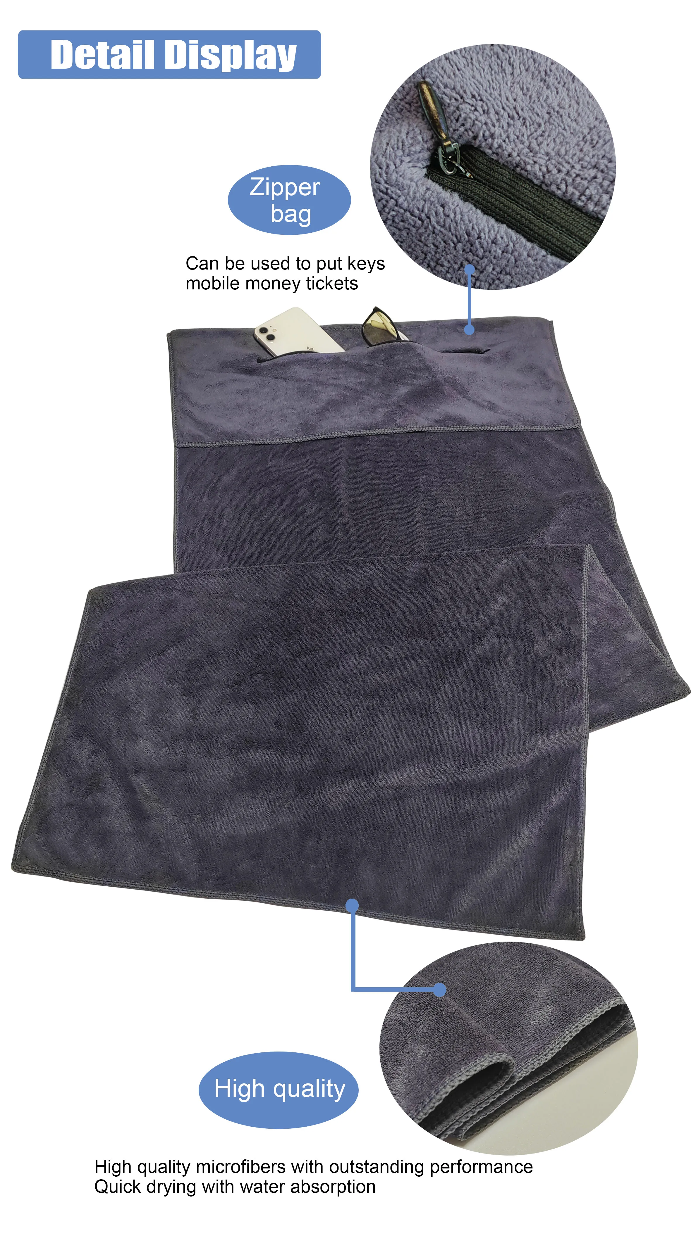Microfiber Towel Quick dry Lightweight Absorbent Gym Towel with Zipper Pocket Travel Towel Camping