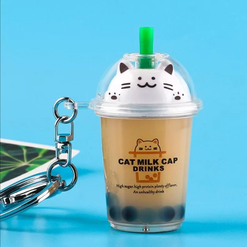 Custom Floating Plastic Key Ring Tea Cup Boba Milk Coffee Cup Keychains Cat Milk Cup key chain