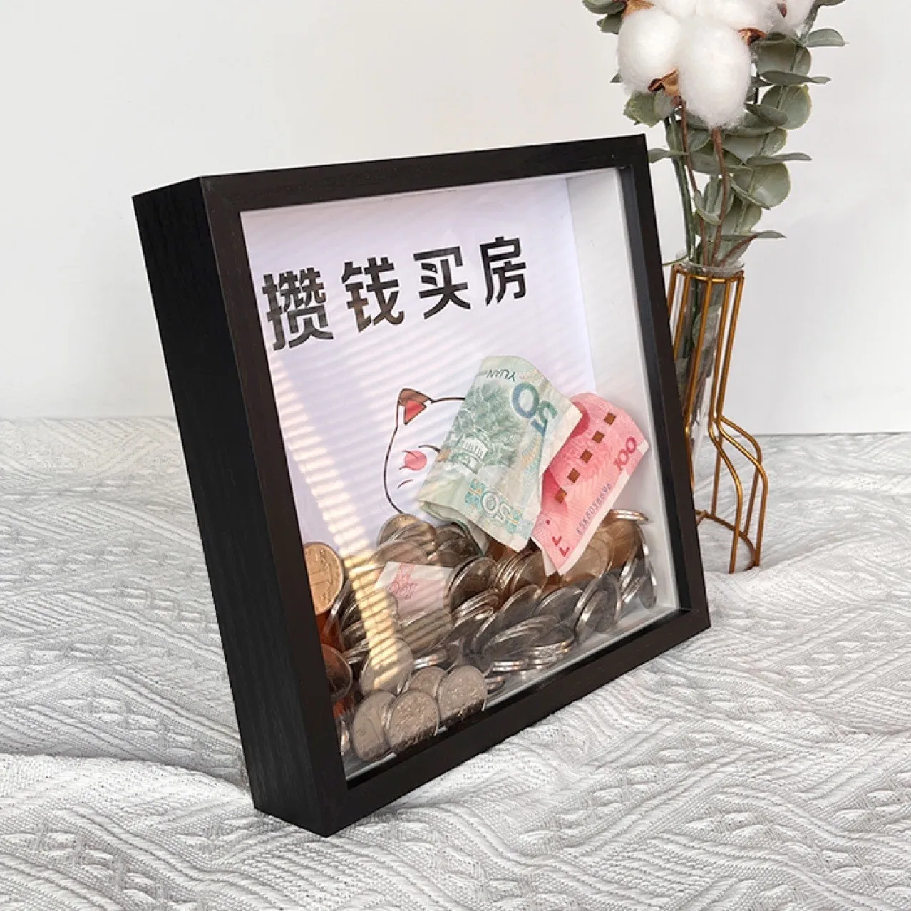 Wholesale Square Wooden Saving Money Box Photo Frame Shadow Box For Kids Gift