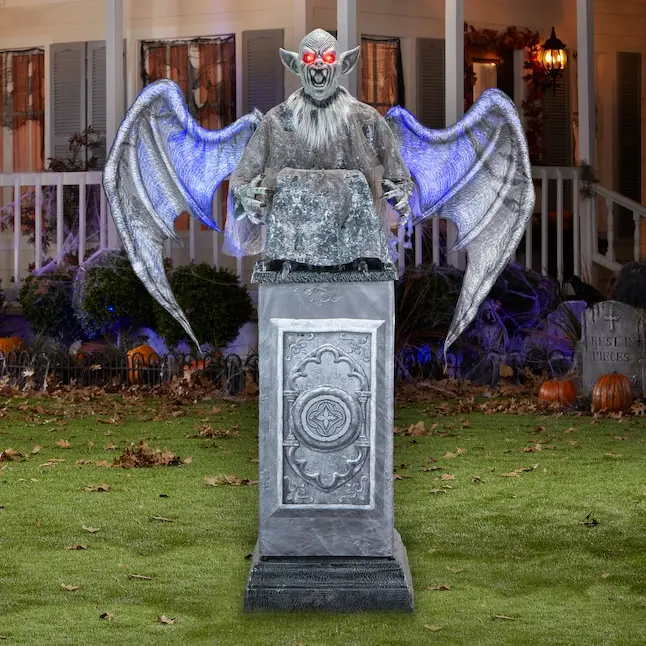 8-ft Talking LED Gargoyle with Wings on Pedestal Animatronic