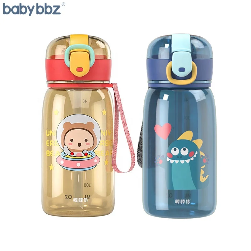 Babybbz  BPA Free Cartoon Children Water Bottle Two Colors Kids Straw Water Bottle with Lid 13.5oz