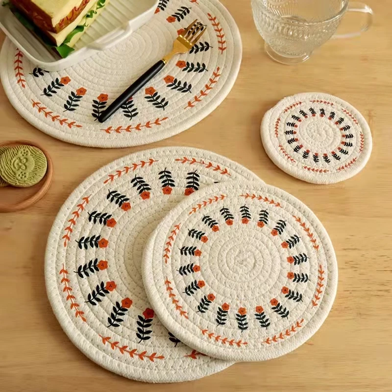 Hot sale woven insulation table mat light luxury Nordic cotton printed placemat plate mat coaster round pot bowl mat