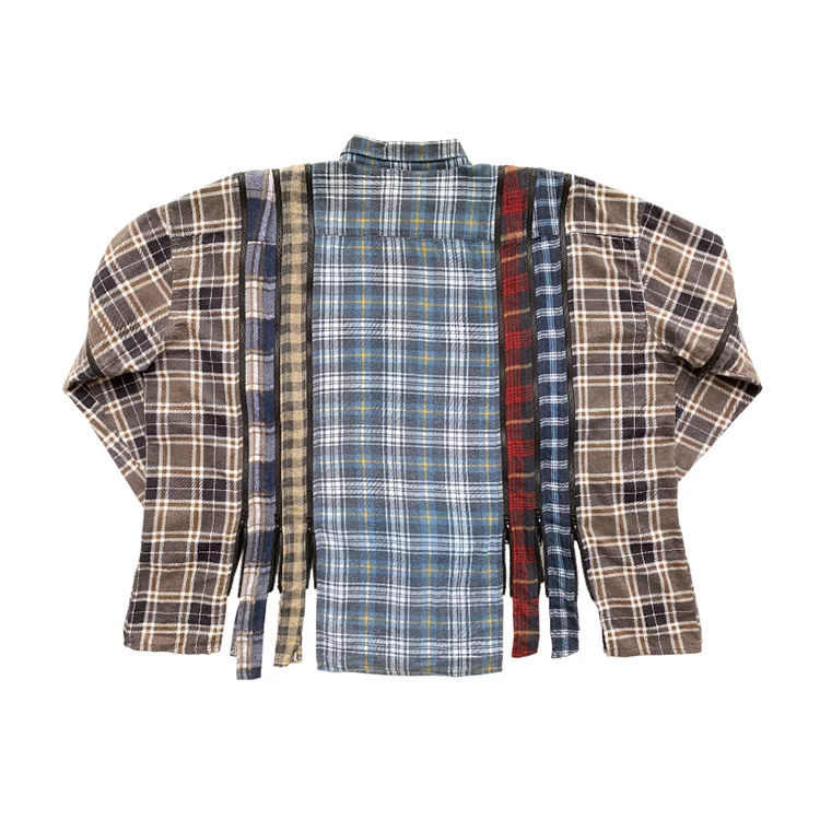 Custom needles 7 cuts zipped flannel oversized shirt for men wholesale reconstructed plaid vintage tops