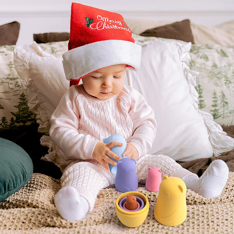 Hot Panda Bear Bunny Bpa Free Silicone Teether Baby Nesting Toy Russian Nesting  Matryoshka Doll Set Silicone Stacking Toy