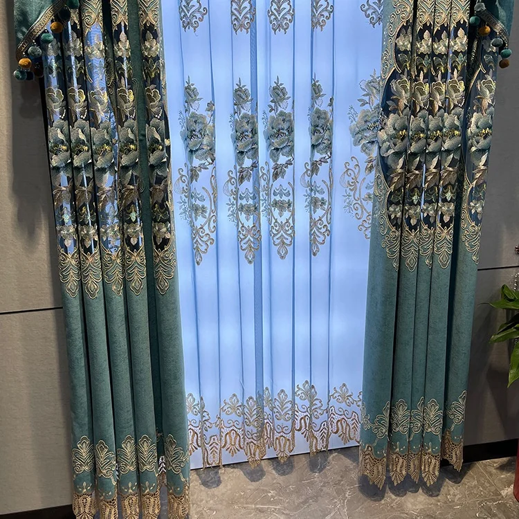 2022 Luxury European Style Living Room Beaded Beautiful Valance Curtain with Matched Embroidery Sheer Panel