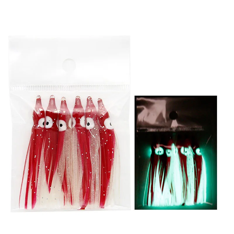 RISING 6PCS 60mm saltwater luminous glowing soft plastic Octopus Bait Rubber Squid Skirts lure Squid jigs lure