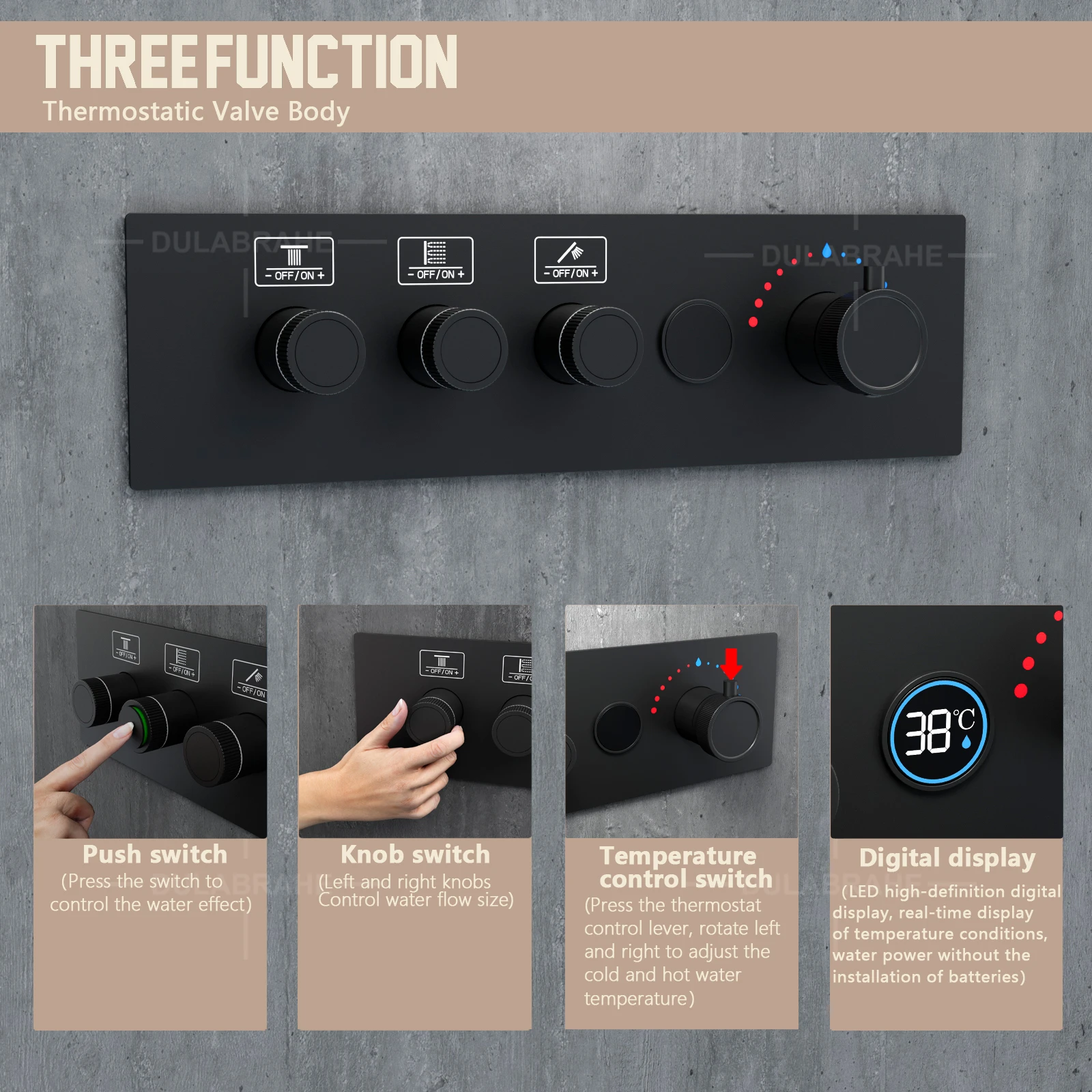 Bathroom Wall Mounted Shower System 280*180mm Thermostatic Digital Display Black Shower Faucet Set With Rain Shower Head