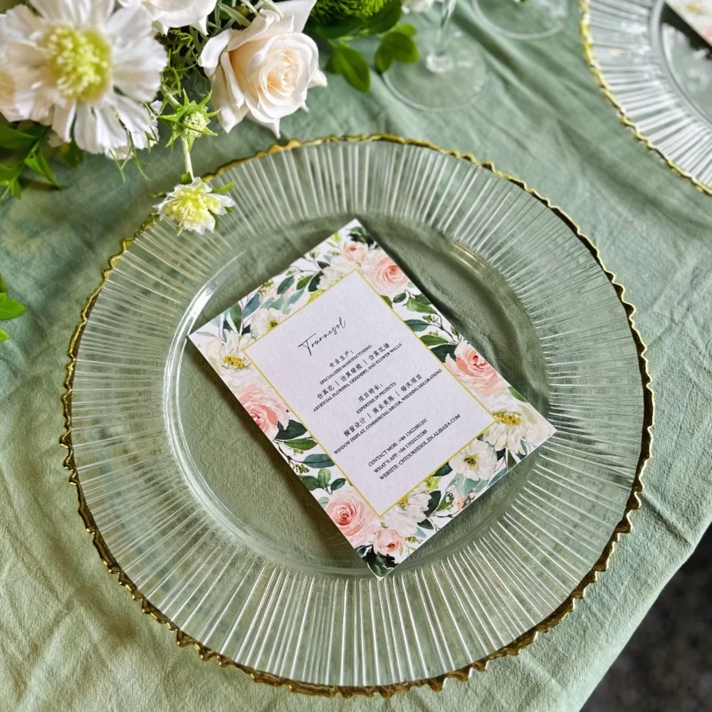 Factory Direct Decorative Silk Flowers Champagne Wine Ceramic Glass Gold Rim Charger Plate for Wedding Events Party Decor
