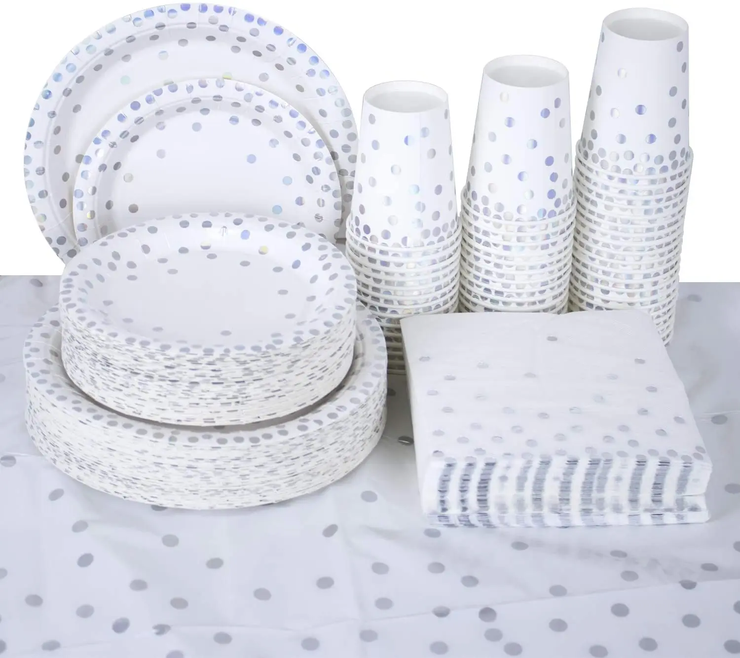 
Iridescent Foil Silver Dot Disposable Party Supplies Paper Plates Napkins Cups Plastic Tablecloth Luncheon Napkin 