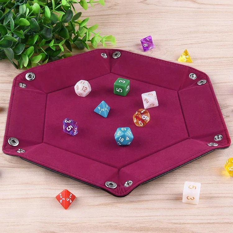 Elegant Rose Red Velvet Dice Holder Hexagon Folding Dice Storage Box Leather Tray