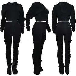 Custom Logo Side Pockets Cargo Pants Set Woman Casual Fleece Thick Crop Hoodie Joggers Stacked Sweatpants Two Piece Outfits Set