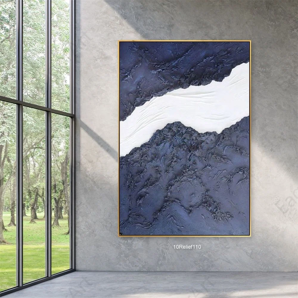 Relief Handmade Oil Paintings Acrylic Heavy Texture Artworks Modern Design Decorative Canvas Dark Blue Abstract Art Wall