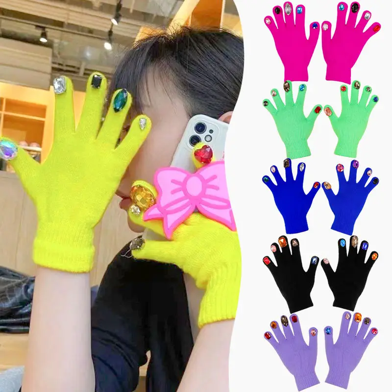 Autumn and Winter Creative DIY Colorful Diamond Knitted Warm Gloves Jewel Band Diamond Gloves