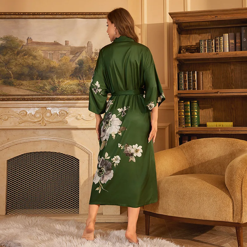 women luxury  satin night- robe dressing gown  with printed flowers