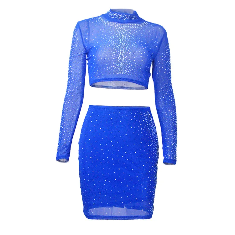 Popular standing collar long sleeve perspective mesh hot drill irregular Skirt Set