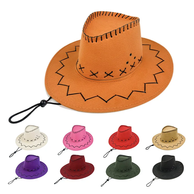 Factory Wholesale Suede Leather Adult Plain Wind Proof Rope Western Cowboy Hat Man And Women Outdoor Knight Broad-Brimmed Hat