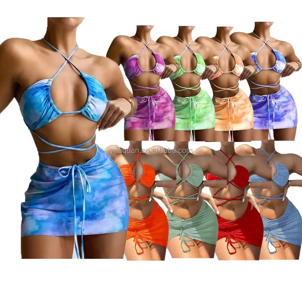 summer sexy women bathing suit 3 pcs bikini set bra mesh skirt swimsuit transparent women swimwear