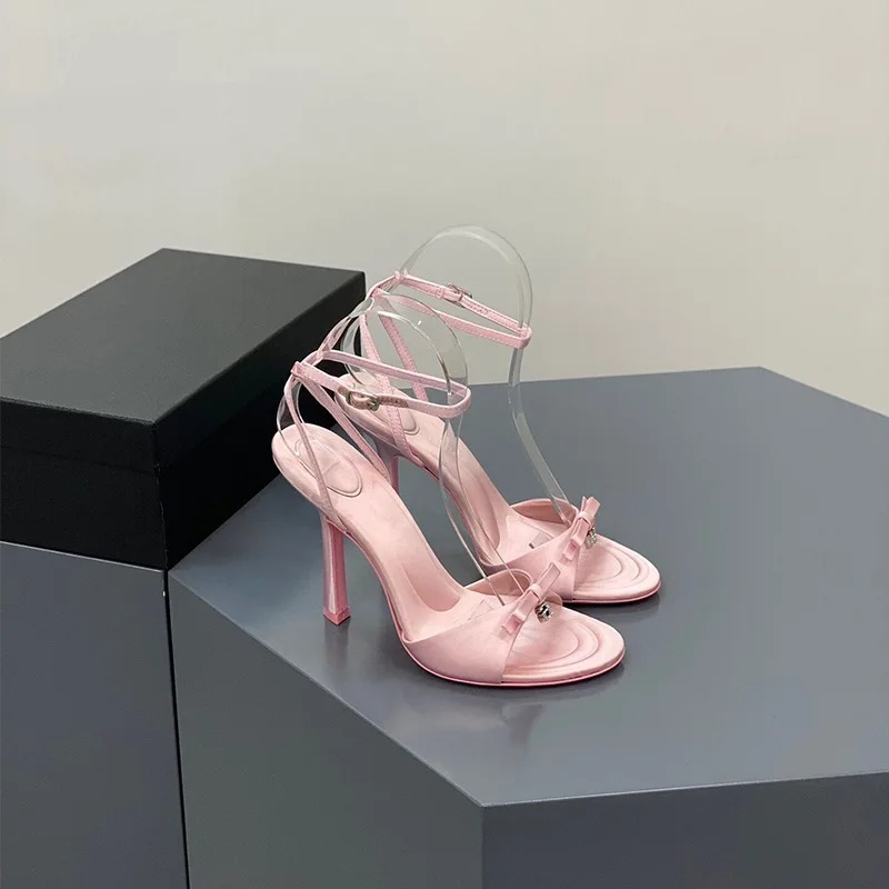 New Arrival High Heels Pointed Toe Rose Red Pumps Shoes 2022 Summer Hollow Mesh Upper Fashion Ankle Strap Heeled Women Sandals