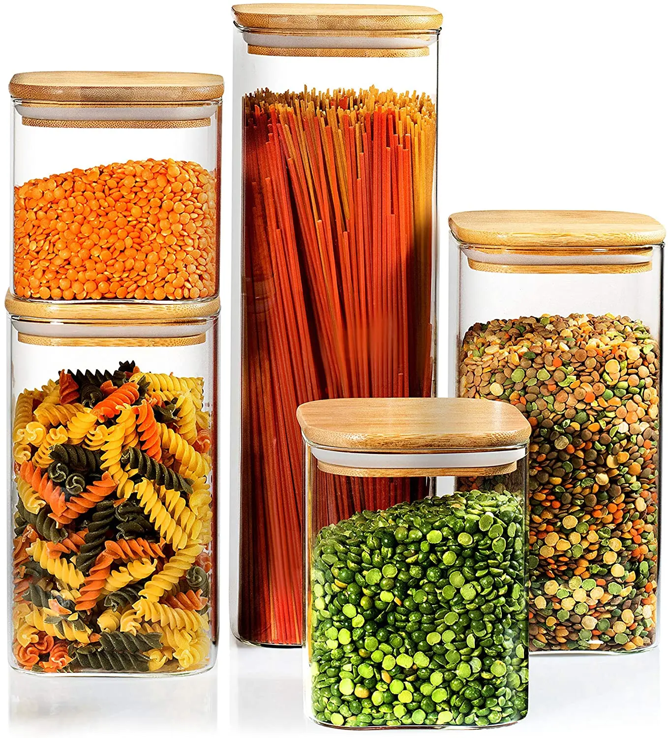 Set of 5 Square Glass Kitchen Canister with Airtight Bamboo Lid Glass Storage Jars for Kitchen Sugar Coffee Candy Snack