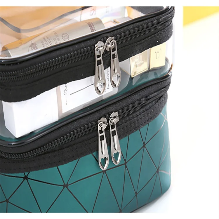 pink clear PVC double layer makeup pouch custom logo transparent wash travel women cosmetic bag