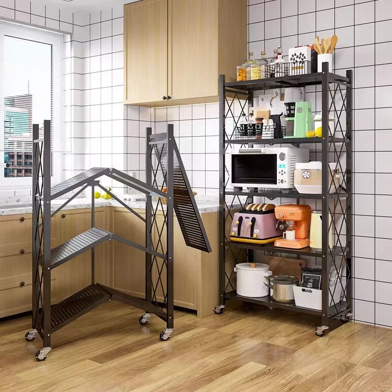Free installation folding crevice kitchen shelves floor trolley storage living room balcony microwave oven shelves wholesale
