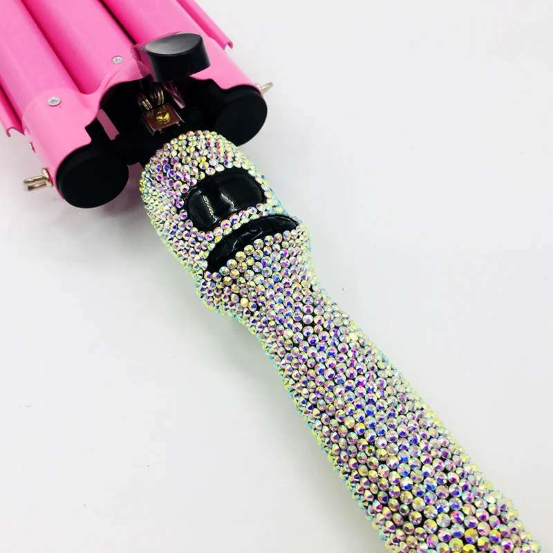 LCD Display Bling 3 Barrel Curling Iron Wand Triple Pink Crystal Hair Crimping Iron