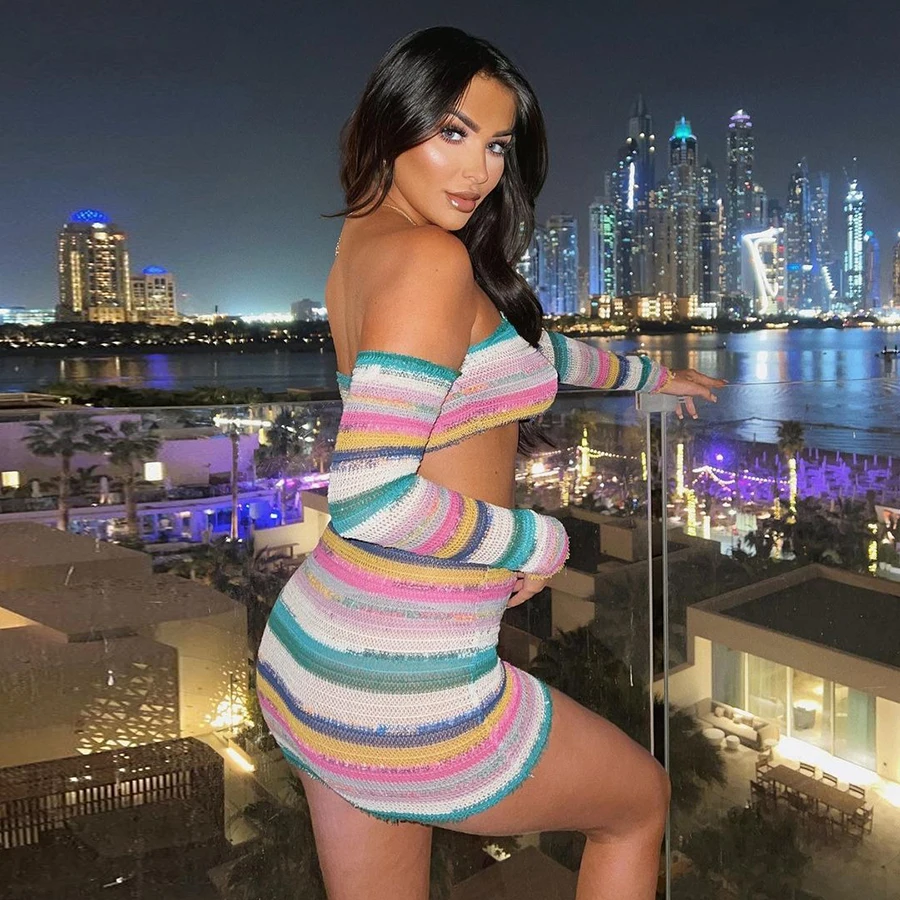 Sexy summer knit two pieces skirt set with off shoulder long sleeve knitted crop top and mini knitted skirt