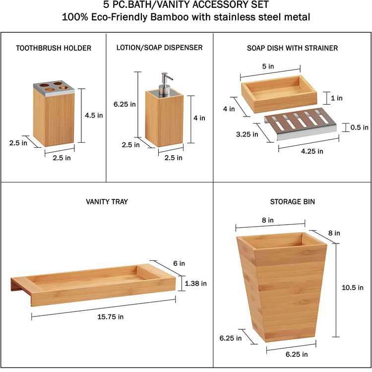 Wholesale Bamboo Bathroom Accessories Bathroom Mat 5-piece Bamboo Bathroom Accessories Set
