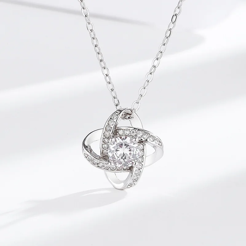 Love Heart Knot Four Leaf Clover Necklace 925 Sterling Silver Diamond Pendant Necklace