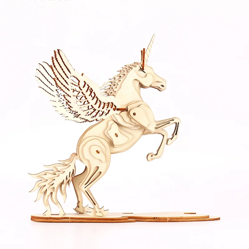 Ready to ship wholesale  laser cutting children educational Toy  Eco-friendly 3d wooden animal puzzle unicorn flying horse
