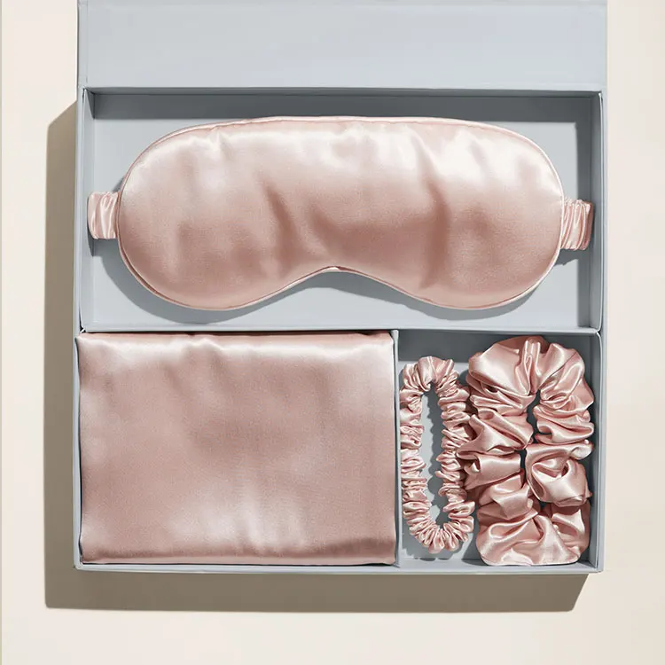 custom logo 100% pure mulberry silk pillowcase and eye mask scrunchie set silk pillow case gift set with box