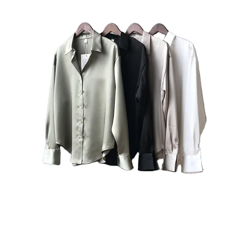 Autumn Fashion Button Up Satin Silk Shirt Vintage Blouse Women White Lady Long Sleeves Female Loose Street Shirts
