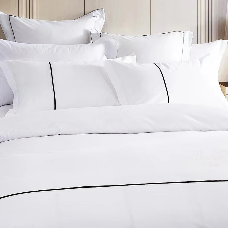 Luxury 5 Star Hotel Linen  Logo Custom Size Duvet Cover Bed Sheet White 100% Cotton Hotel Bedding Set