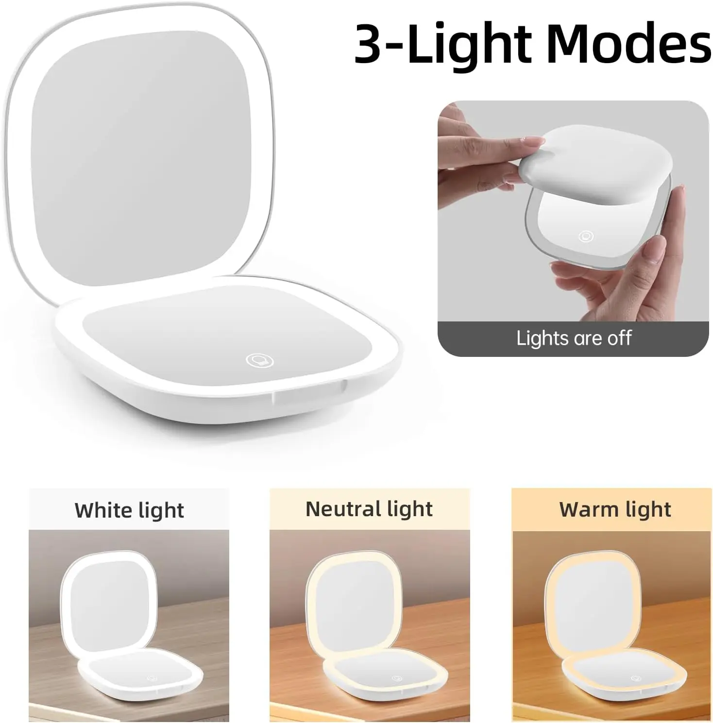 3 Colors LED Travel Makeup Mirror 1x/10x Magnifying Pocket Mirror USB Charging Folding Mirror
