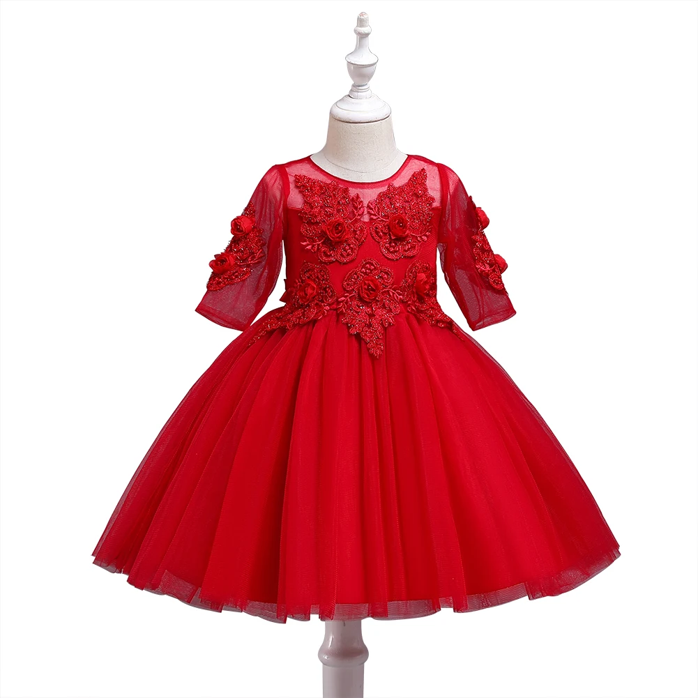 Kids dresses for Girls Spring Clothes Half-sleeve Lace Party Costume Red Children Elegant Prom Frocks 3-9Y Girls Casual Wear