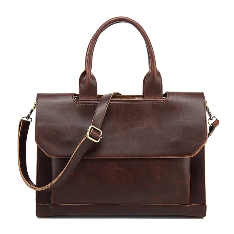 Design Business Laptop Waterproof Computer  Retro Shoulder Men 15.6 Brown Crazy Horse Leather Laptop Bag Custom
